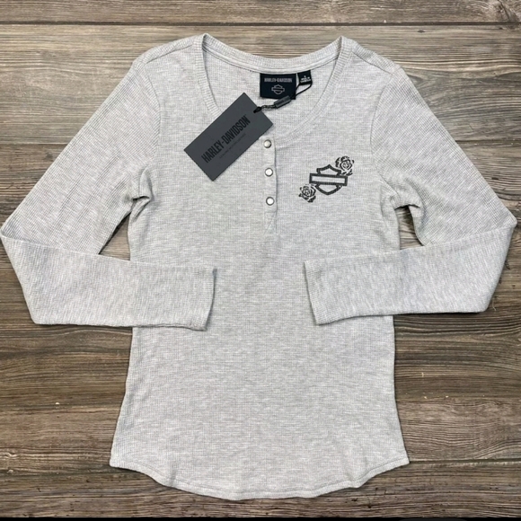 NWT Harley Davidson Women's Fireside Roses Thermal Henley Gray Size 1W - Picture 2 of 8